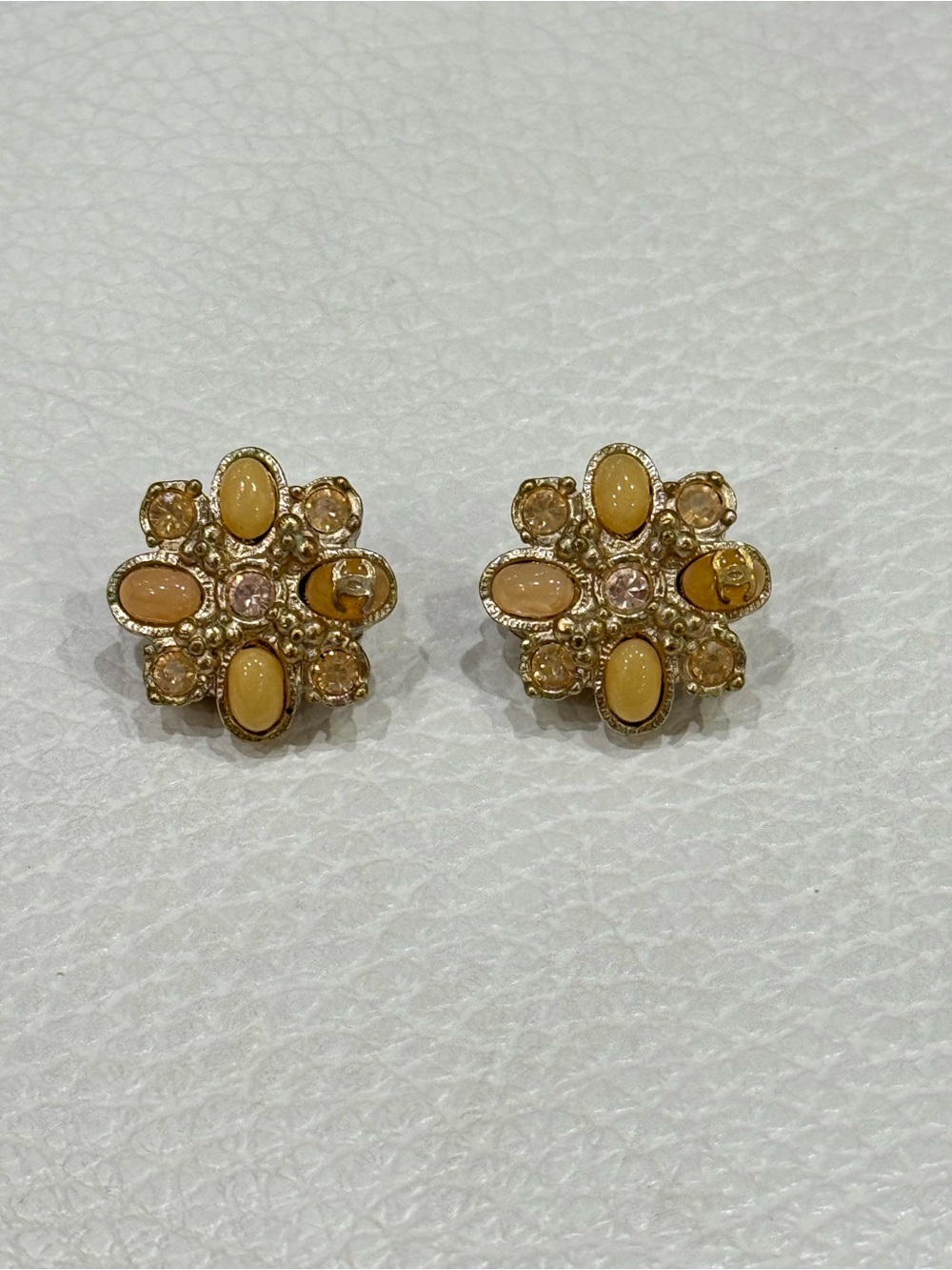 Chanel pinkish Gold-Tone Yellow Floral Gripoix, Enamel, Crystal Clip-on Earrings
